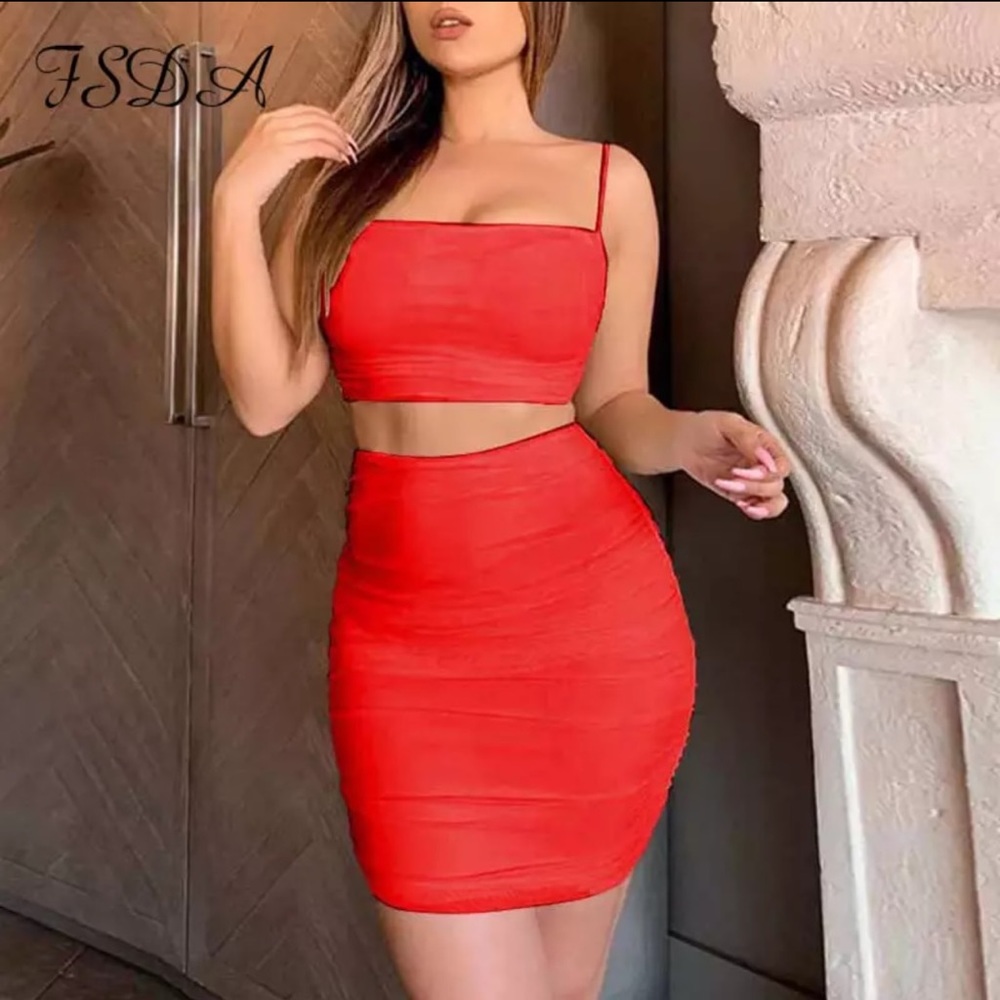 Red crop top and skirt set